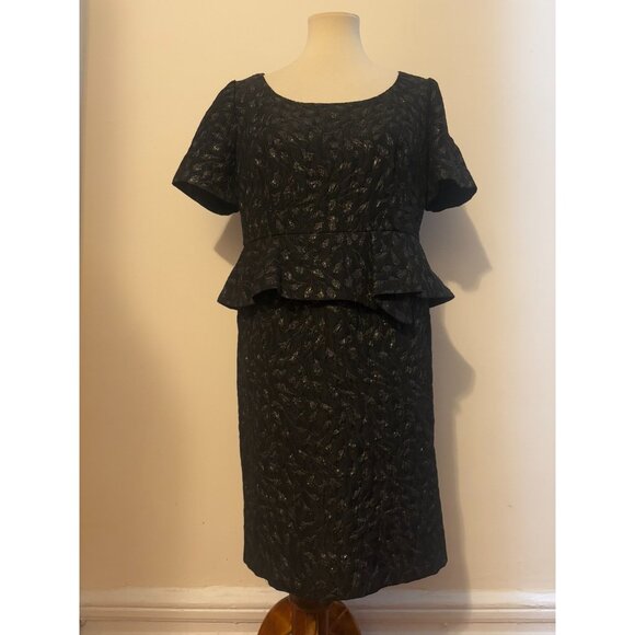 St John silk Black Metallic Siver Textured Floral Print Peplum Sheath Dress Sz 8 - Picture 1 of 9